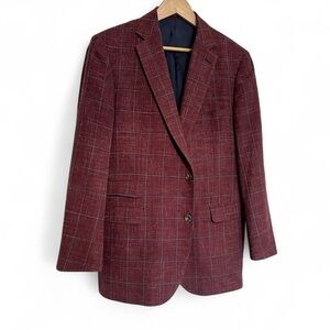 J Hilburn Tailored Fit Blazer 45R Burgundy Plaid Vitale Barberis Vintage Look
